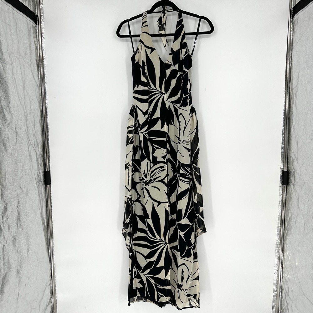 Vintage Caché Ivory Black Floral Halter Belted Jumpsuit Tropical Party Summer 0